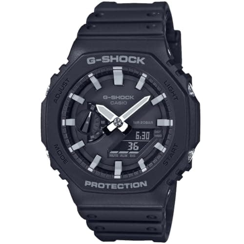 Schwarze Casio G-Shock Armbanduhr mit Analog- und Digitalanzeige, Kunststoffarmband, weißer Hintergrund