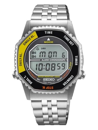 Digitale Seiko Armbanduhr mit Edelstahlarmband, schwarz-gelber Lünette, Frontalansicht auf weißem Hintergrund