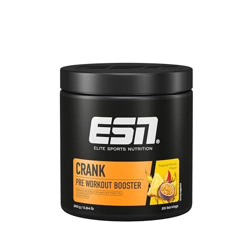 Schwarze ESN Crank Pre Workout Booster Dose mit orangefarbenem Etikett und Früchten, weißer Hintergrund