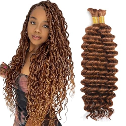 Evaxilc 32 32 Inch Deep Wave Human Hair For Braiding Menschliches Haar Unprocessed No Weft Bulk Braiding Hair Extensions For Boho Braids #30 Light Brown Color 2 Bundles Total 100g one pack