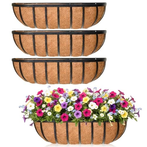 Qusuxi Pflanzgefäß mit Kokosfaser-Auskleidung, 91,4 cm, 4 Stück, schwarzes Metall, Hängeblumenkorb für Veranda, Zaun, Terrasse, Innen- und Außenbereich, Rasen